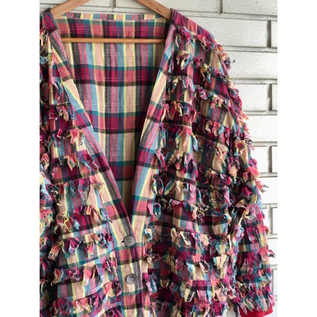 90s Red plaid fringe jacket【01326】
