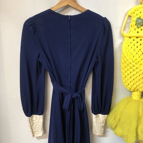 70s Navy prairie maxi dress【01224】