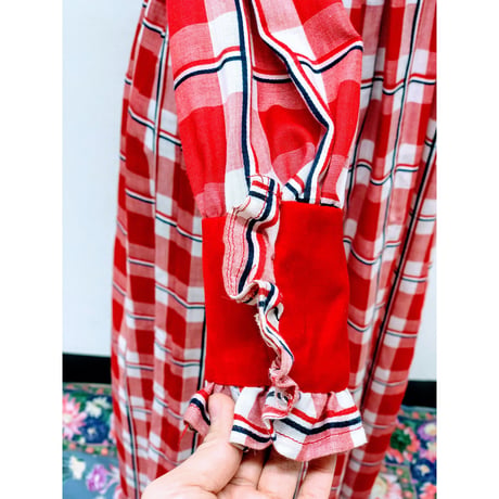 70s Gingham prairie style maxi dress【00467】