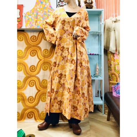 Vintage orange floral maxi dress【01217】