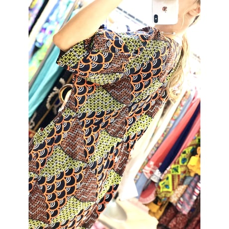 Orange×Yellow African batik dress【01188】
