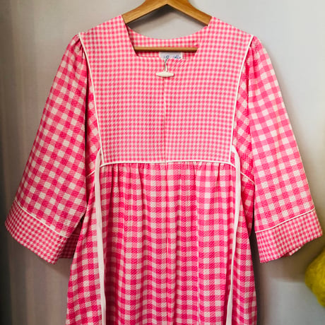 Vintage pink gingham maxi dress【01104】