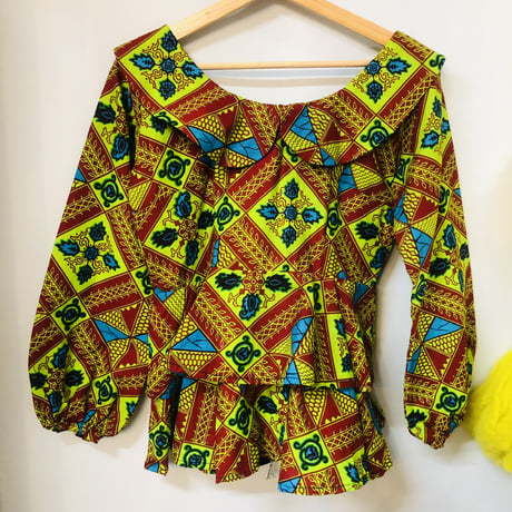 Green peplum african batik top【01178】
