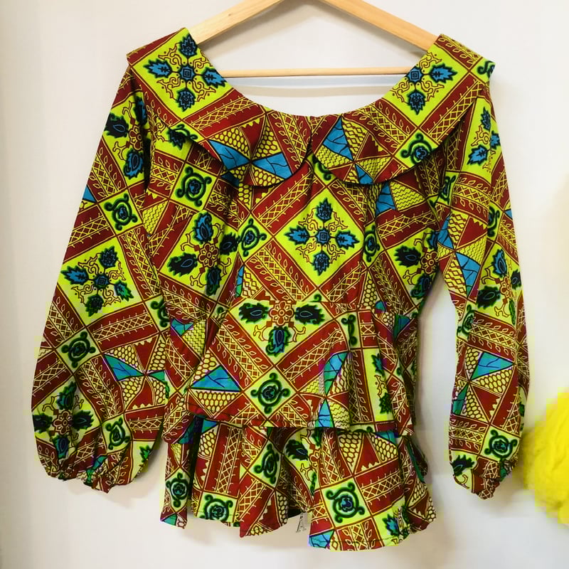 Green peplum african batik top【01178】 | Vintage