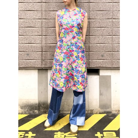 70s Pink floral sleeveless dress【01494】