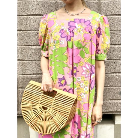 70s Pink floral maxi dress【01496】