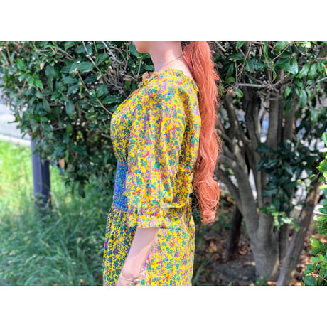70s Yellow gauze dress【00327】