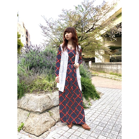 70s Dot & Floral maxi dress【01102】