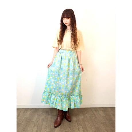 70s Light blue floral maxi skirt【01319】
