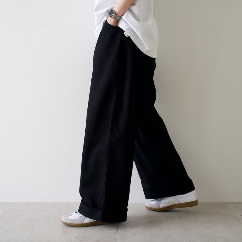 cotton twill wide straight pants【black】 | precme.