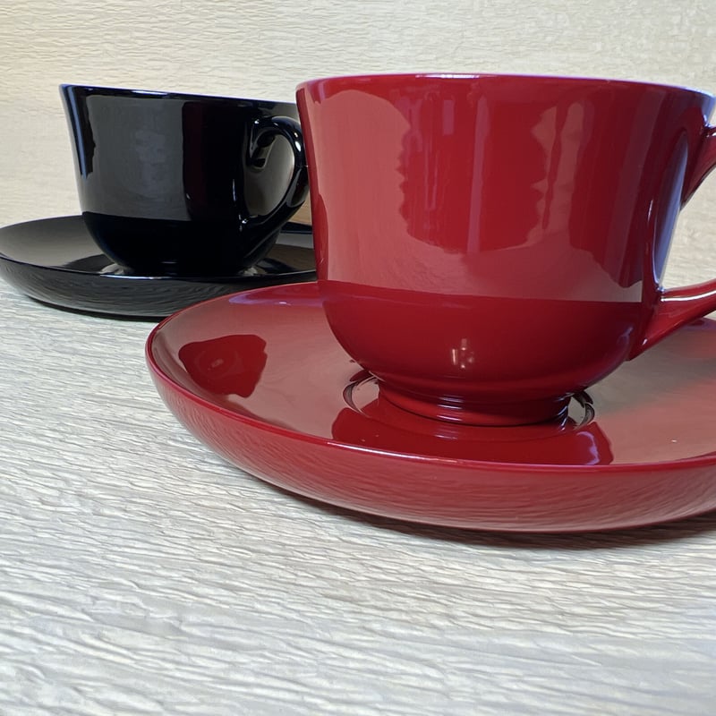 漆器の山田 会津塗り コーヒー椀 黒赤 一客 カップとソーサーセット