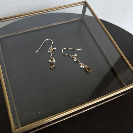 14KGF　ビアクォーツ・ スモーキークォーツ・淡水パール ピアス