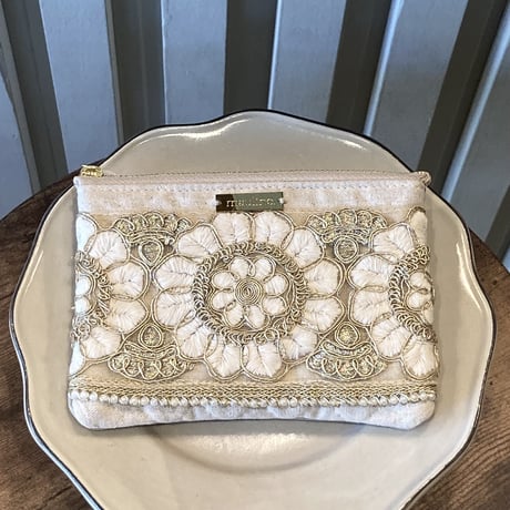インド刺繍リボンのフラットポーチ（S）