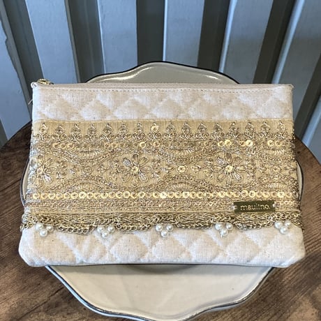 インド刺繍リボンのフラットポーチ（L）