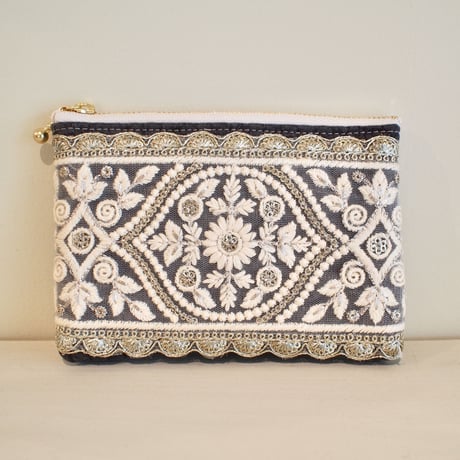 インド刺繍リボンのフラットポーチ(S)