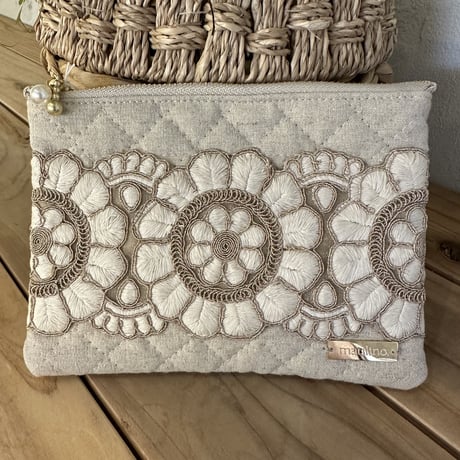 インド刺繍リボンのフラットポーチ（M）