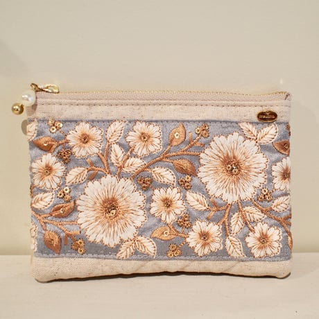 インド刺繍リボンのフラットポーチ(S)