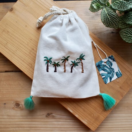 刺繍巾着（パームツリーライン）