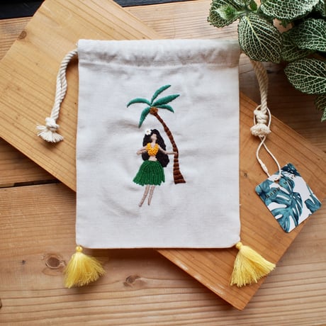刺繍巾着（パームツリー×フラガール）