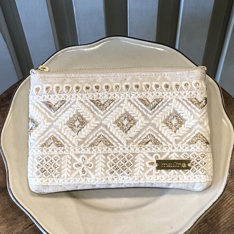 インド刺繍リボンのフラットポーチ（S）