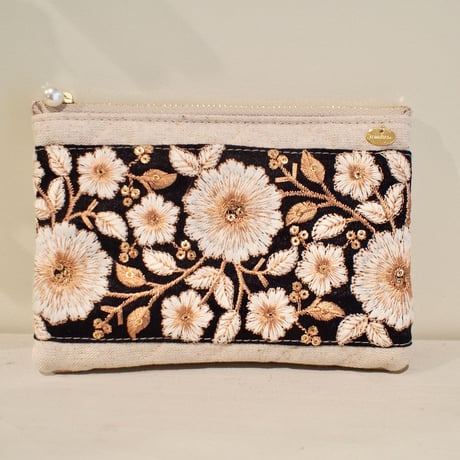 インド刺繍リボンのフラットポーチ(S)