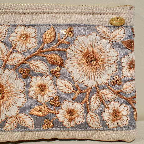 インド刺繍リボンのフラットポーチ(S)