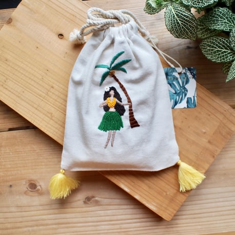 刺繍巾着（パームツリー×フラガール）