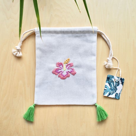 刺繍巾着（ハイビスカス）