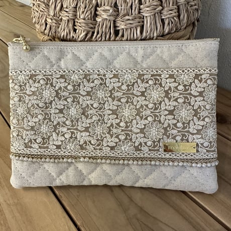 インド刺繍リボンのフラットポーチ（L）