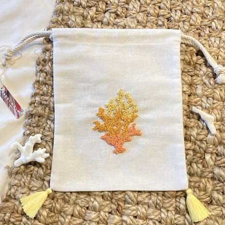 刺繍巾着（コーラル×イエロー）
