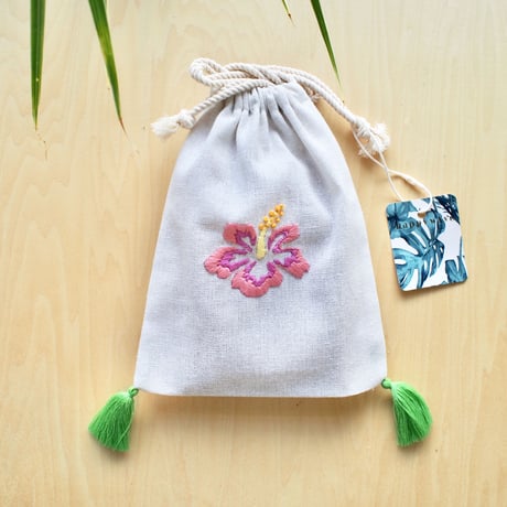 刺繍巾着（ハイビスカス）