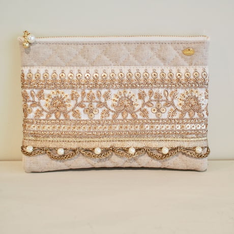 インド刺繍リボンのフラットポーチ(L)