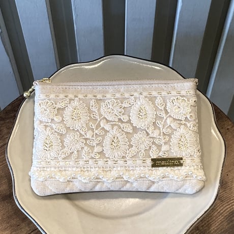 インド刺繍リボンのフラットポーチ（S）