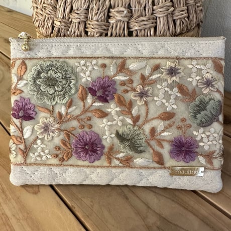 インド刺繍リボンのフラットポーチ（L）