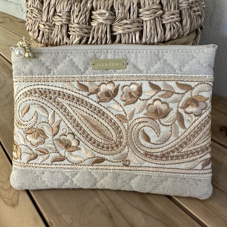 インド刺繍リボンのフラットポーチ（M）