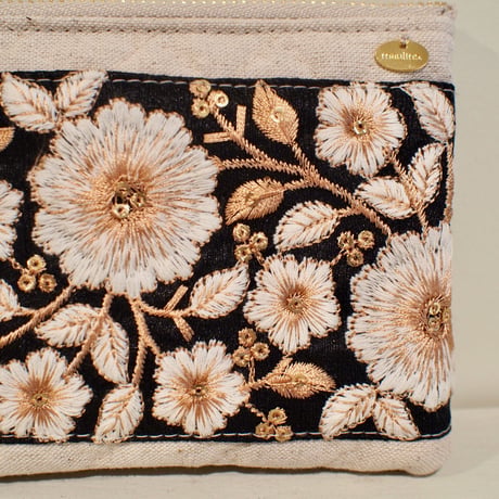 インド刺繍リボンのフラットポーチ(S)