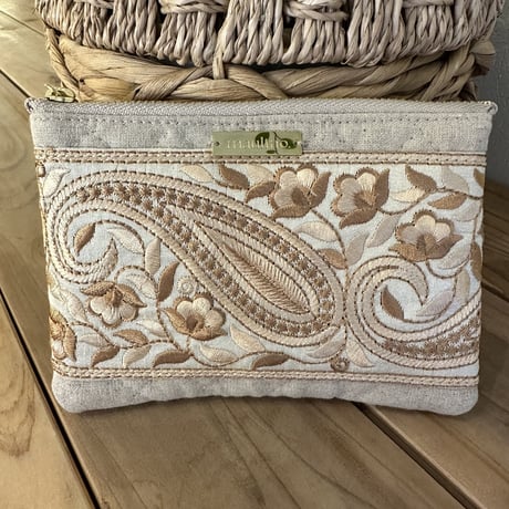 インド刺繍リボンのフラットポーチ（S）