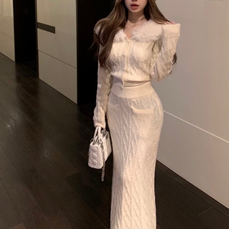 THE TOE アイボリー ニットセットアップ ファーカジュアルニットセットアップ 0815 | Dolly