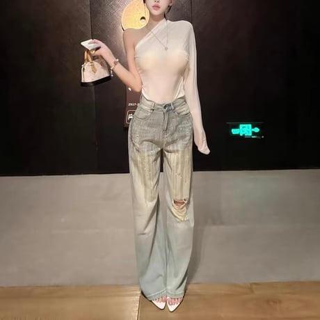 ビジューデザインワイドダメージデニム　1241