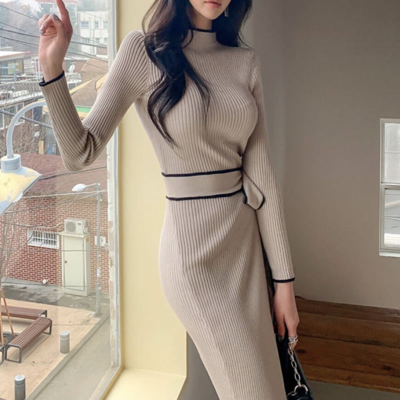 ピンクベージュリボンニットワンピ 0307 | Dolly