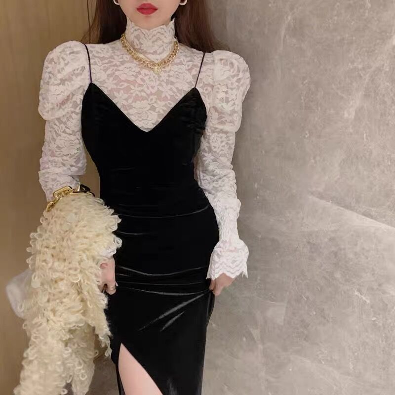 シースルートップス×ベルベットサスペンダードレス 0099 | Dolly