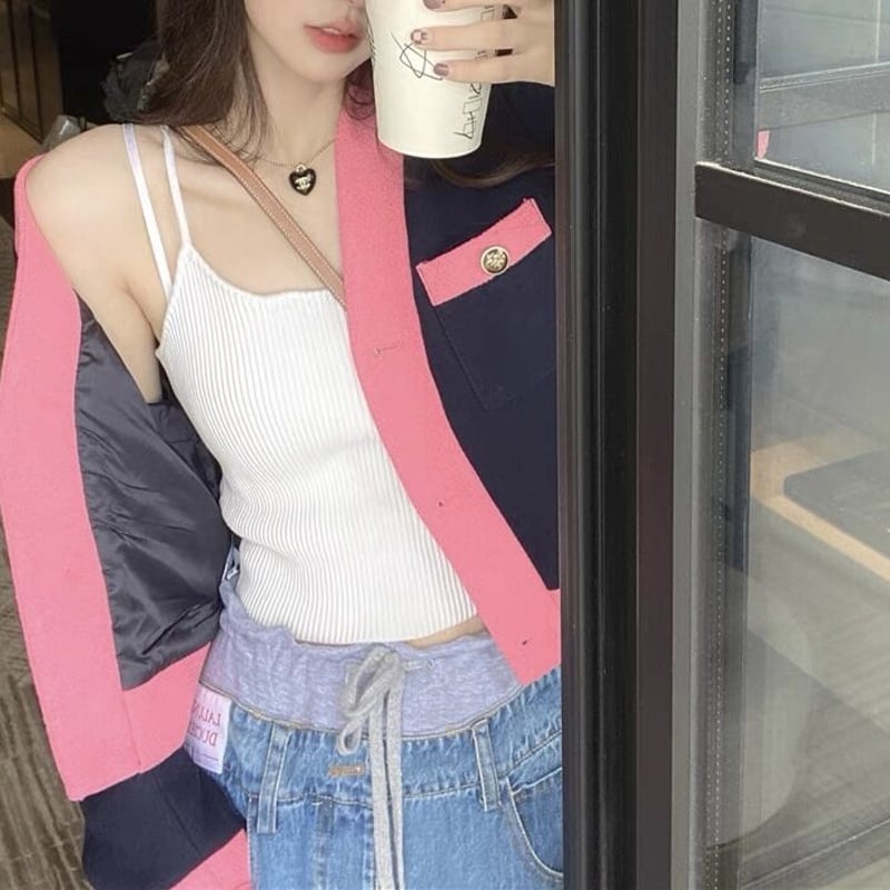 テチチ　バイカラー　カーディガン セール】 バイカラーシアー5分袖カーディガン（チャコールグレー