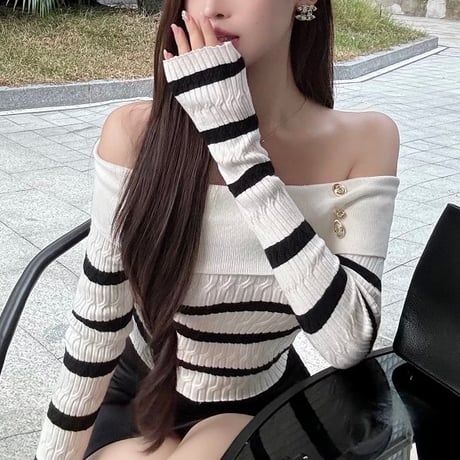 オフショルストライプトップス　1007