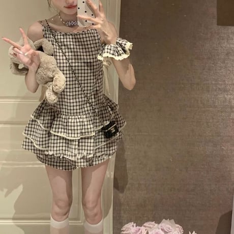 チェックフリルセットアップ　0938