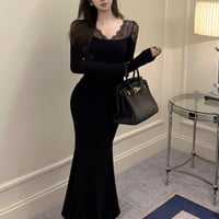 ブラックレースタイトロングワンピ　1302