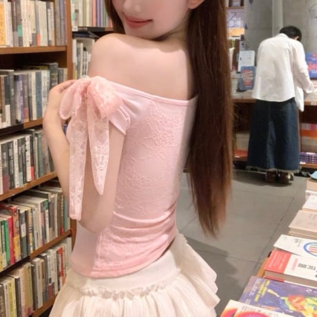 リボンレースオフショルトップス　1174