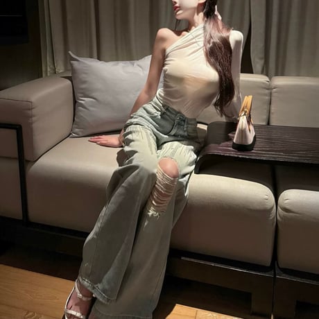 ビジューデザインワイドダメージデニム　1241