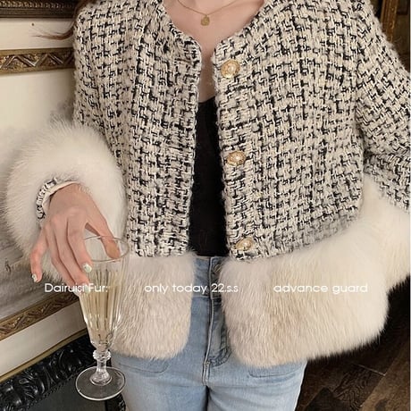 アドニシス/イエロー ツイードコート ファー襟付き Adonisis WEB