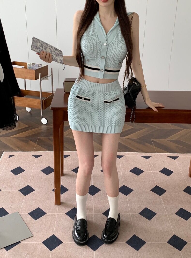 新品❤️アルチビオ❤️セットアップ 水色 ノースリーブセーター スカートセット ノースリーブニットカジュアルセットアップ 0715 | Dolly