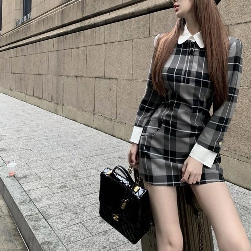 グレーチェックフレンチワンピース 0747 | Dolly グレーチェックフレンチワンピース 0747 | Dolly